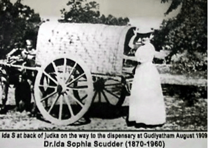 Dr. Ida S. at back of judka on the way to the dispensary at Gudlyalham August 1909 