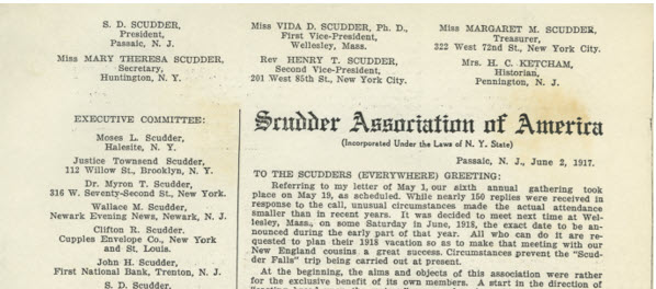 1917 Letter from S. D. Scudder [Jr.], President, Scudder Association of America to the Members